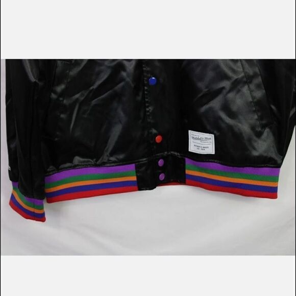 MITCHELL & NESS BOMBER JACKET BLACK WITH RAINBOW STRIPE TRIM AND CUFFS SIZE LARG - Picture 3 of 7